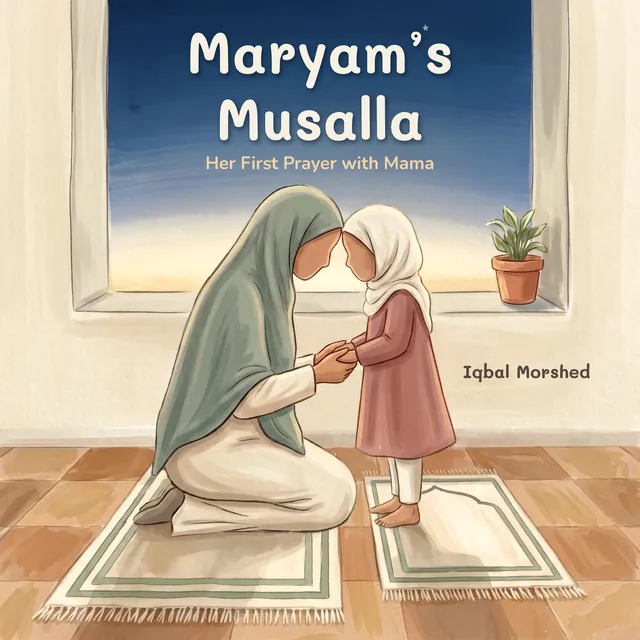 The cover of Maryam’s Musalla: Mama kneels and holds Maryam’s hands in front of a window at dawn.