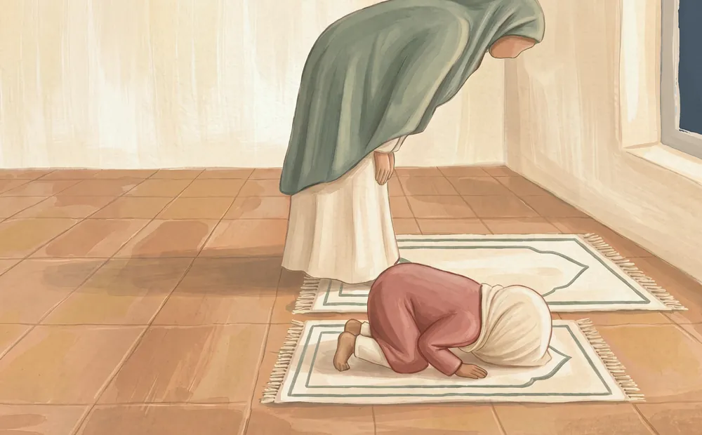 Mama bows while Maryam, on her little rug, has already gone all the way down into sujood.